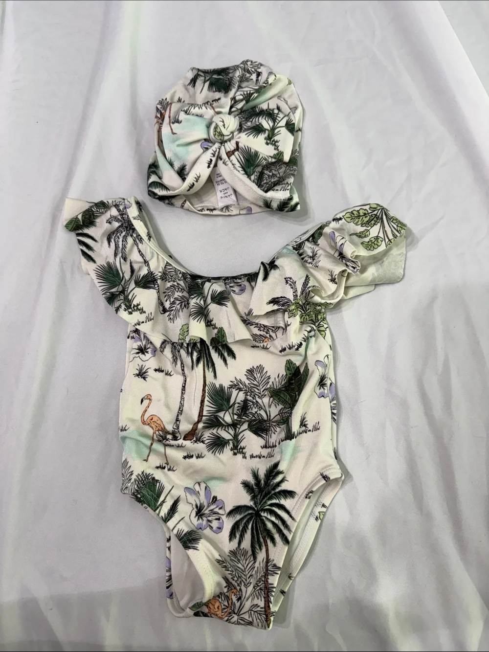 Janie and Jack Tropical Cream Ruffle One-Piece with Knot Swim Cap